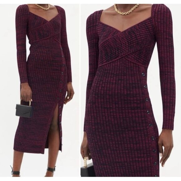 NWT SELF-PORTRAIT Sweetheart-Neck Ribbed-Jersey Midi Dress Red & Black Small - Picture 2 of 12